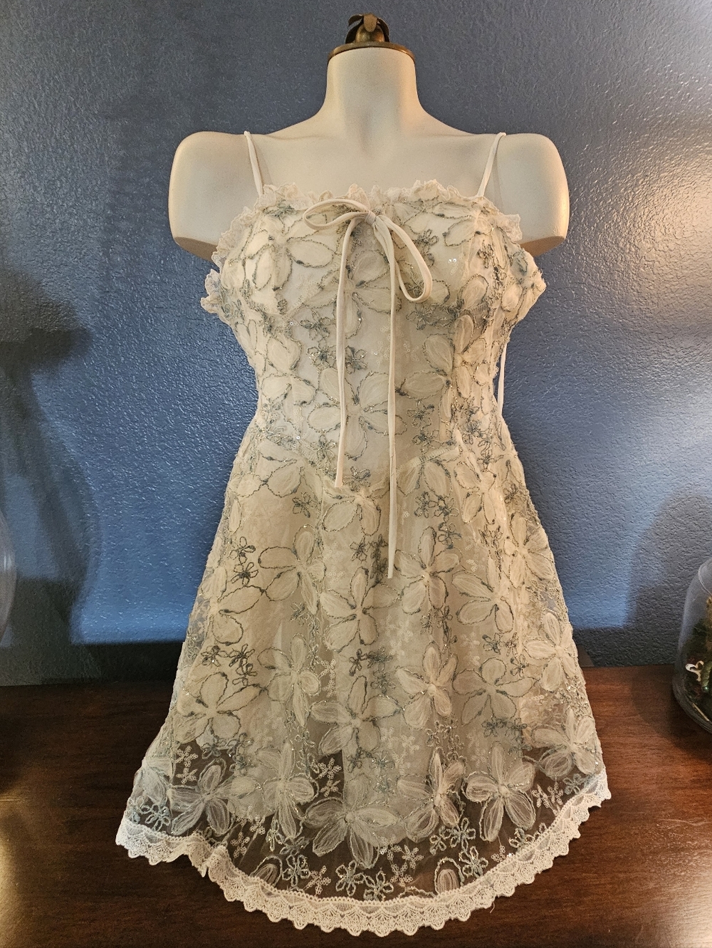 Floral Lace Spaghetti Strap Slip Dress - Ivory - Picture 1 of 13